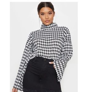 Mono Dogtooth Print Roll Neck Oversized Sweater